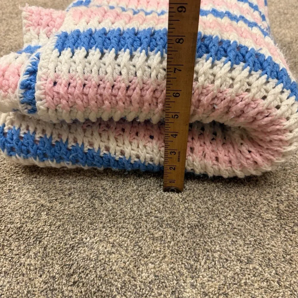 Crocheted Baby Blanket 50x80 Inches Blue Pink and White Handmade Soft Thick Nice